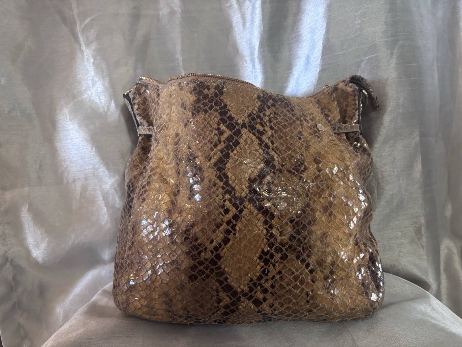Michael Kors Brown Snake Print Shoulder Bag Glazed Finish Inner Pockets