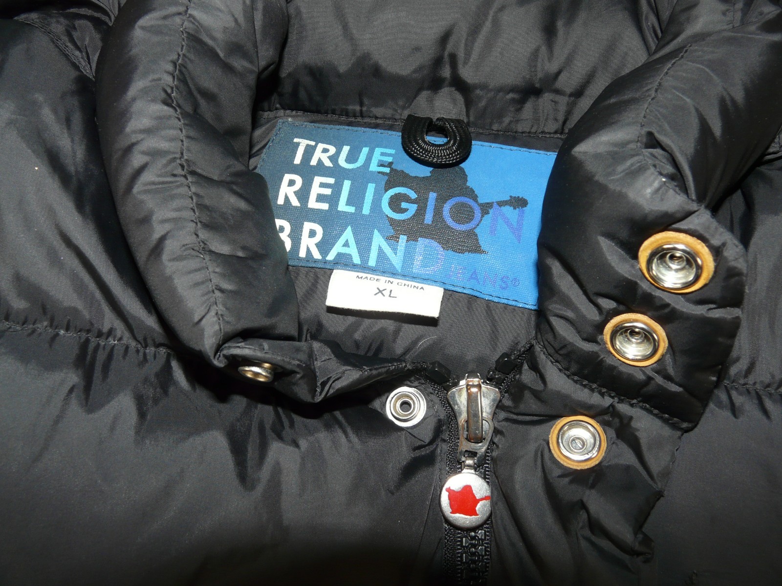True Religion Stitched Logo Goose Down Hooded Black Puffer Jacket Coat Men's XL image 3