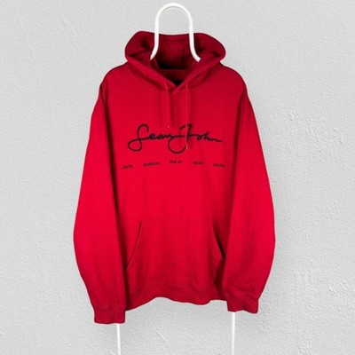 Sean John rot bestickt schwerer Hoodie Y2K Schriftzug Pullover Herren 3XL