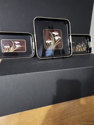 VTG Set Of 3 Black Laquer Oriental Asian Floral Serving Trays 11x11 11x 7