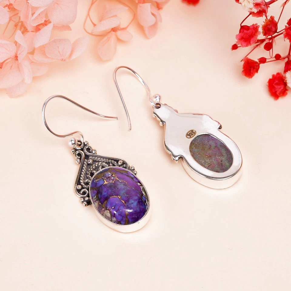 Composite Copper Purple Turquoise 925 Silver Dangle Drop Earring "Cabochon Cut" - Image 4 of 4
