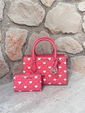 Michael Kors Sheila Small Pink Heart-Print Satchel with Matching Wallet Hibiscus
