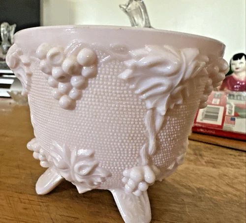 Vintage Jeanette Shell Pink Grapes and Leaves Milk Glass Footed Candy Dish Vase