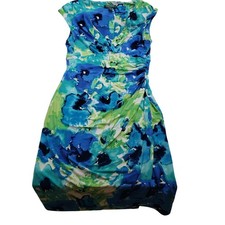Lauren Ralph Lauren Blue Green Watercolor Floral Ruched Sheath Dress 10