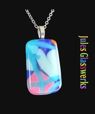 Hand Crafted Fused Glass Pendant Necklace W/ Chain #1519 Blue Pink