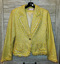 Carolina Williamson Women’s Yellow Tweed Fringe Sequin Jacket Jeweled Button 6-8