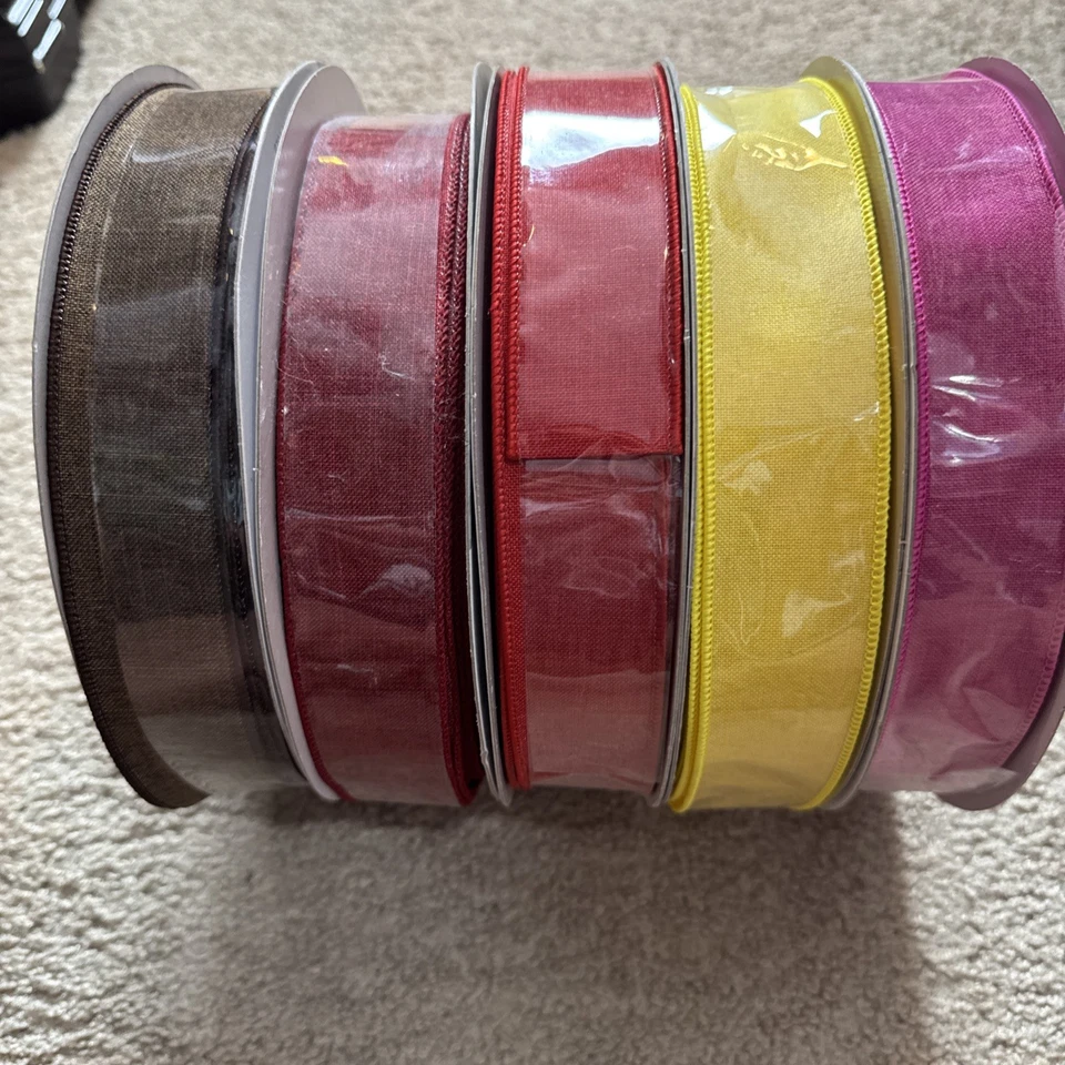 Christmas Ribbon 1.5” X 50 Yards Pink, Yellow, Red Burgundy Brown Lot Of 5 - Image 2 of 3