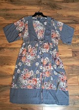 Angie Womens Long Line Kimono Cardigan Duster Size L Boho Hippie Gray Floral