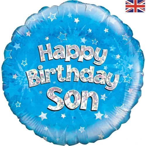 Oaktree 18"" Happy Birthday Son Holographic Foil Balloon Blue Helium or Air