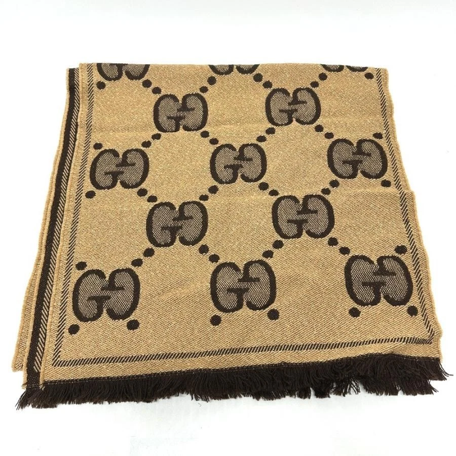 GUCCI GG Lame Jacquard Accessoire Foulard Franges Marron Femme Laine L45cm x H195cm