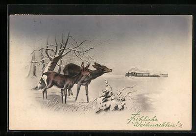 Deer on the Edge of the Forest Looking at a Railway, Postcard 