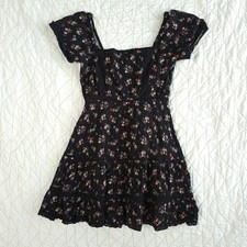 American Eagle Black Floral Tiered Lace Trim Short Sleeve Mini Dress Womens XS