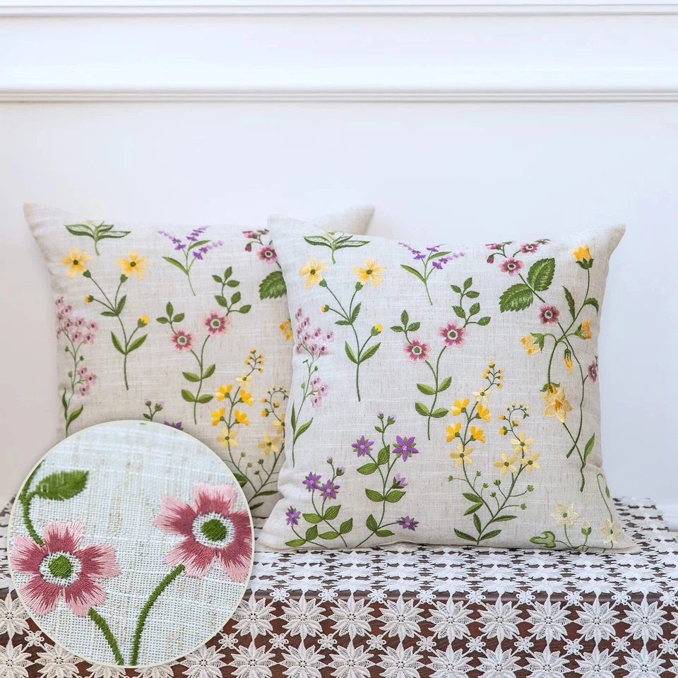 Pillow Covers 18 x 18 Inches Set of 2 Beige Soft Throw Pillow Covers with Flo... - Image 3 of 4