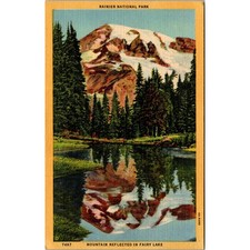 Rainier National Park Mountain Reflected In Fairy Lake Vintage Postcard SP5-3