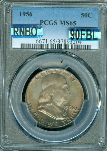1956 FRANKLIN HALF DOLLAR PCGS MS65 MAC RNBO & 90 FBL  RAINBOW .