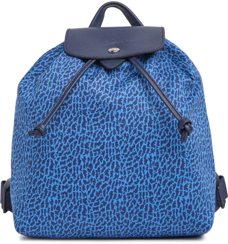 Longchamp Le Pliage Panther Leopard Print Small Leather-Trim Backpack ~NIP~  Blue