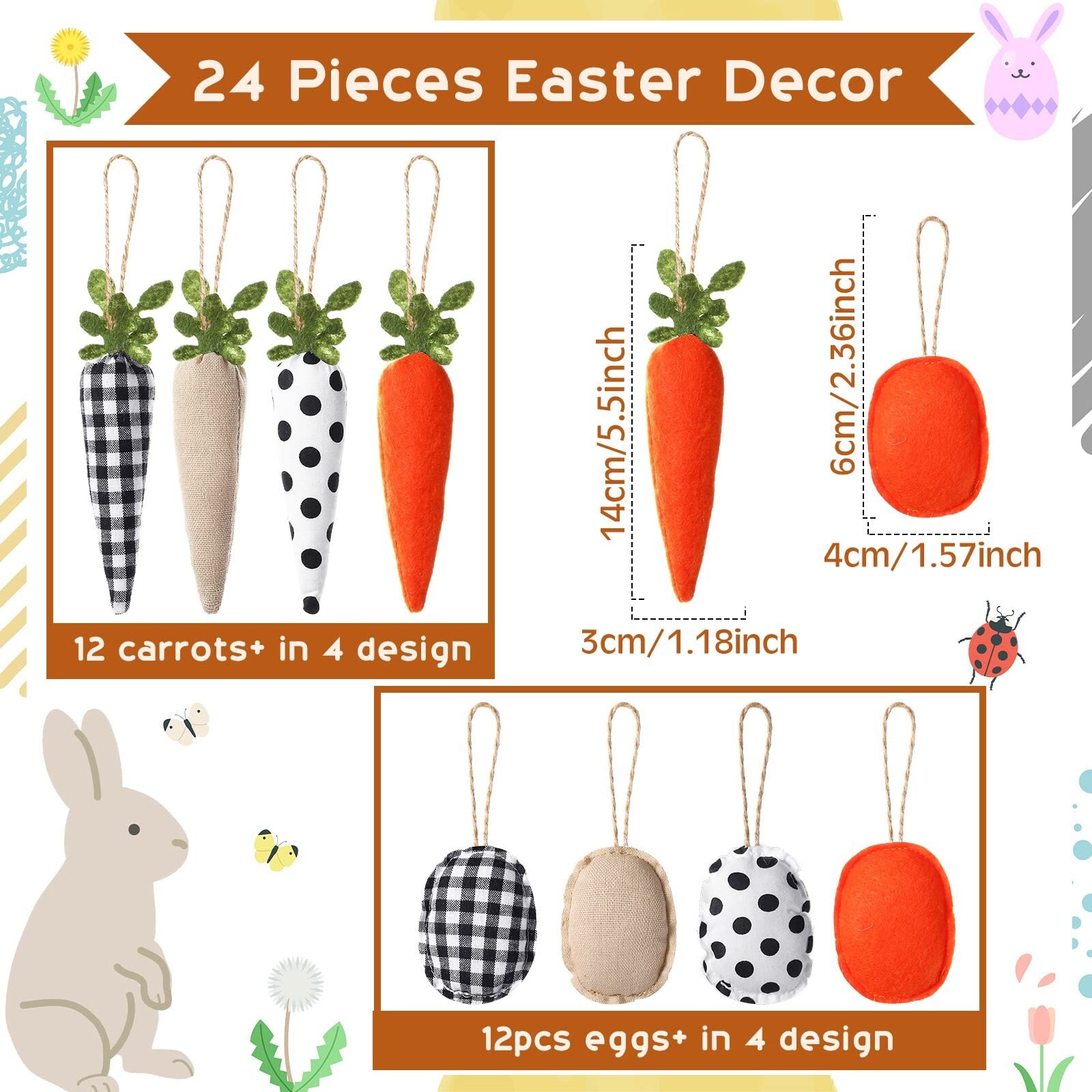 24 Pieces Farmhouse Easter Decor Easter Ornaments for Small Tree Rustic Carro...