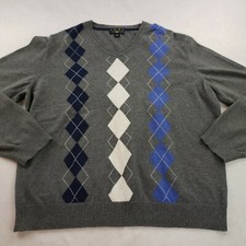 Club Room Cotton Argyle Diamond Pattern Sweater V Neck Tri Color Gray Men XL