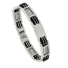 Da Uomo Cavo IN Acciaio Inox Bracciale W/ Gomma Nera di Contorno