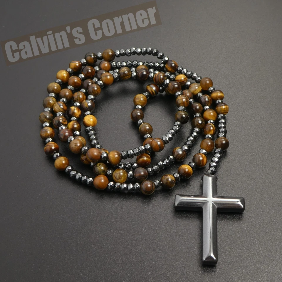 Collar Rosario Hematita Negra Ojo de Tigre Cruz de Cristo Católica Hombres Mujeres Regalo Foto 2 de 4