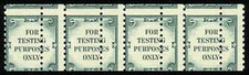 US #TD109C Strip of 4 Green Test Coil, NH MNH, Double Perfs Variety
