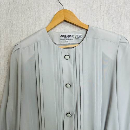 Blouse 10P Light Green Gray Silky Gathered Waist Vtg 80s Corpcore Buttons Career - Picture 2 of 12