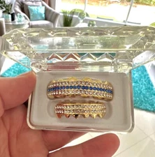 Custom 14K Gold Plated CZ Iced Teeth Grillz Set + Molds, 5 Row Blue Stones USA
