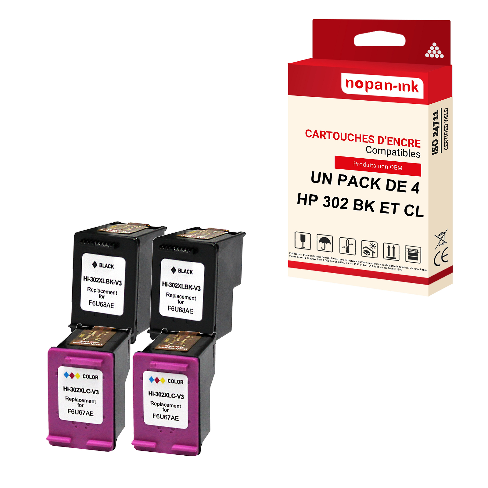 Cartouche HP 302 XL haute capacité noir et couleur compatible x4 NOPAN-INK pour textes nets