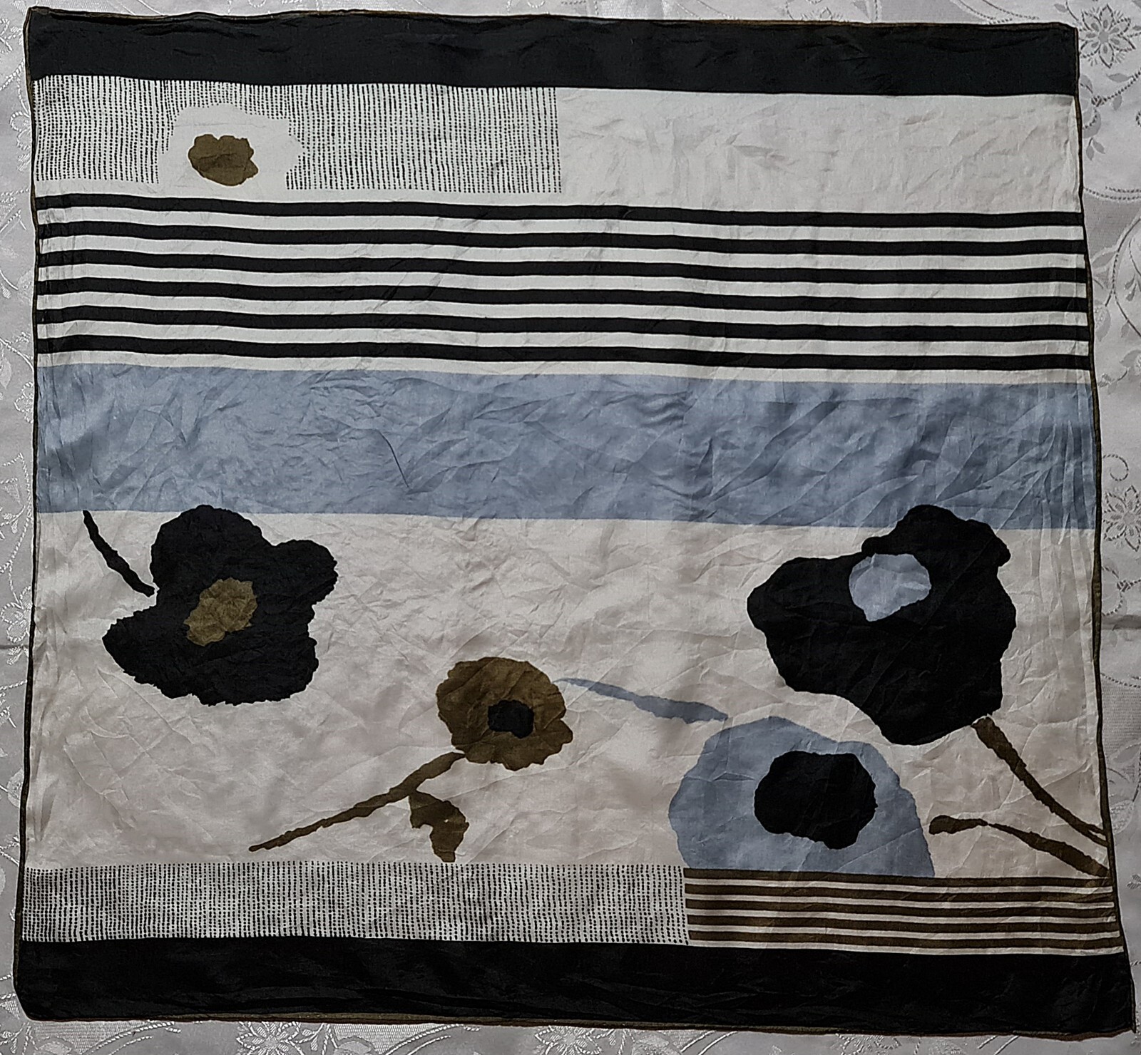 Vintage Authentic Black Gray Striped Floral Silk Chiffon Scarf 26