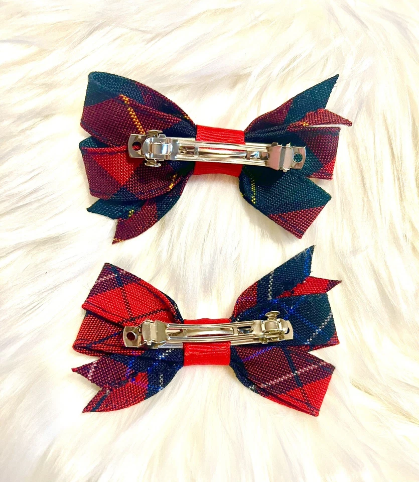 VINTAGE TARTAN RED PLAID HAIR BOW FRENCH BARRETTE SET - Image 3 of 4