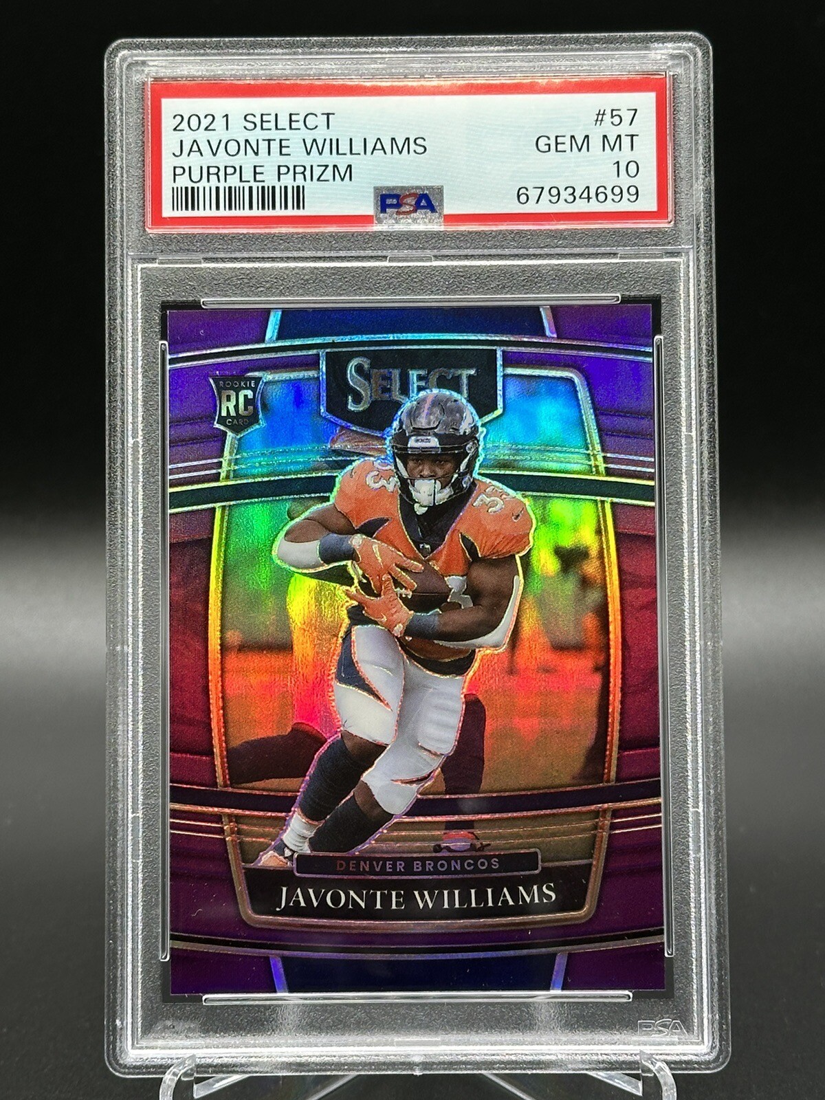 2021 Panini Select Javonte Williams Purple Prizm Rookie RC /75 PSA 10 #57