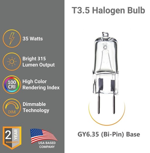 12Pack Single Ended T3.5 Bulb, GY6.35 Bi-Pin Clear Glass, 3200K, 35W, 315LM - Picture 6 of 6