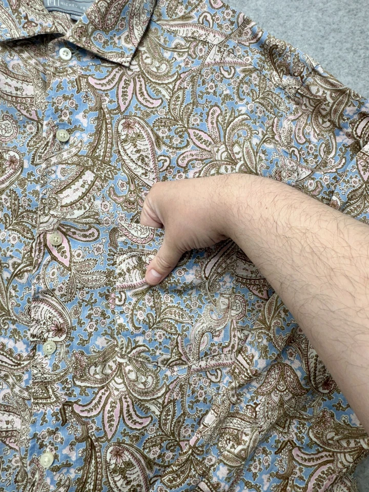 Hickey Freeman 纽扣衬衫男式 L 佩斯利印花 100% 亚麻蓝色棕色 — 第 2/4 张图片