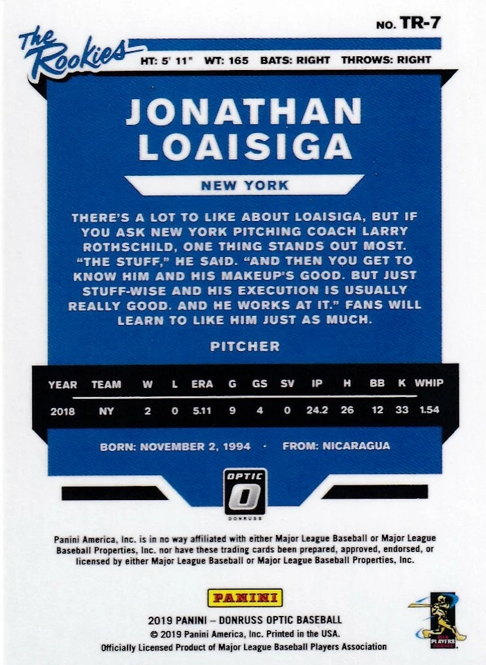 2019 OPTIC THE ROOKIES RC JONATHAN LOAISIGA NEW YORK YANKEES ROOKIE - B4401 - Image 2 of 2