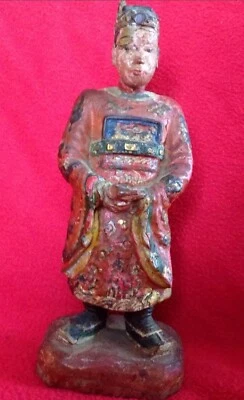 STATUE DIGNITAIRE CHINOIS DEBOUT BOIS POLYCHROME SCULPTÉ XVII/XVIIIÈME - Photo 1/2