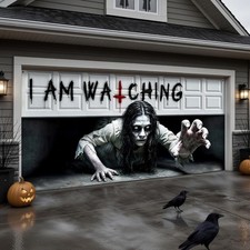 Halloween Garage Door Cover, 7x16Ft 'Watching You' Woman Ghost Double Car Garage