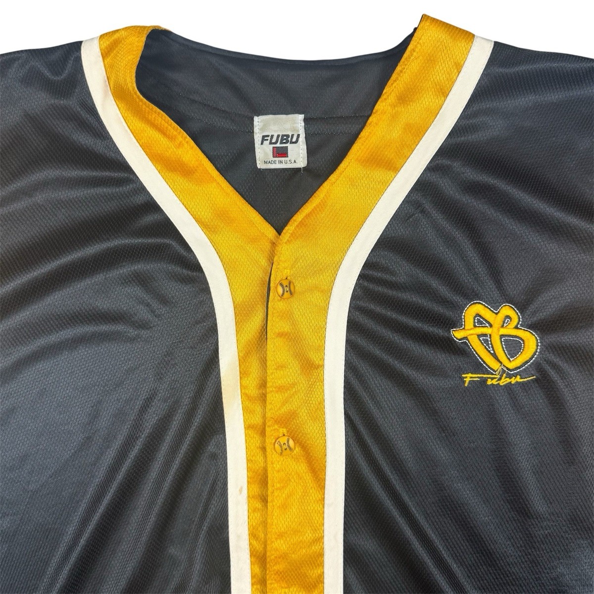 Vintage 90s FUBU Baseball Jersey Yellow Black Streetwear Baggy 