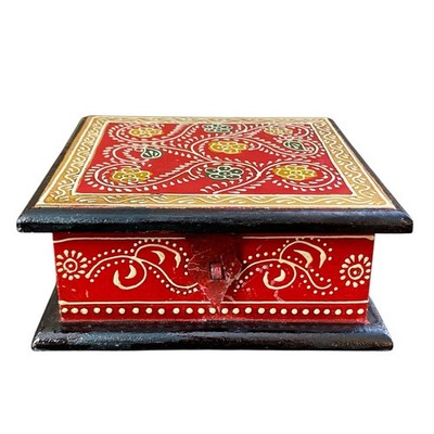 India Folk Art Red Black Painted Box Hinged w/ Latch 6  Square Global Trinket