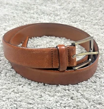 VTG Full Grain Leather Belt 40/100 Congnac Brown Silver Tone Buckle Made Italy