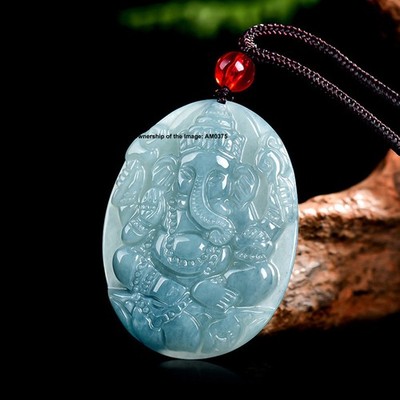 Natural Grade A Blue Jade Ganesha Pendant - Authentic Jadeite Lucky Amulet
