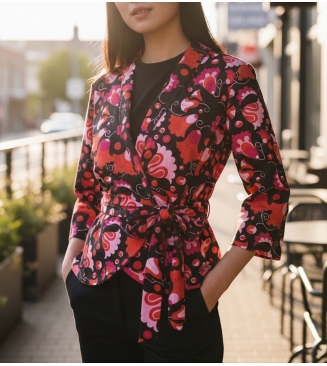 Anni Kuan Floral Printed Signature Tie Waist Blazer XS