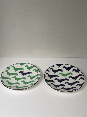 Kate Spade Lenox Wickford Dachshund Tidbit Plates Green Navy Set of 2