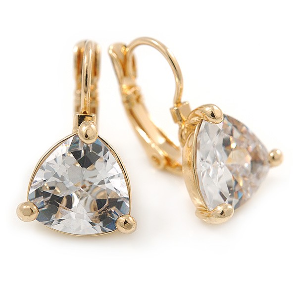 Thrillion Cut Clear CZ Drop Earrings In Gold Plating with Leverback Closure -