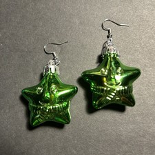 Funky Metallic Green Star Ornament Earrings Christmas Holiday Winter Kitschy