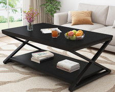 Modern Black Coffee Table with Storage Shelf, 47 Inch Minimalist Design