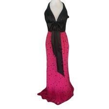 Tiffany Originals Size 4 Black Pink Polka Dot Beaded Halter Maxi Dress HOCO Prom