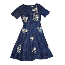 ModCloth Fit Flare Dress Women Small Navy Blue Floral Embroidered Beaded Lace