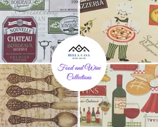 Food and Wine Inspired Flannel backed Vinyl Tablecloths. Round, Oblong, Square