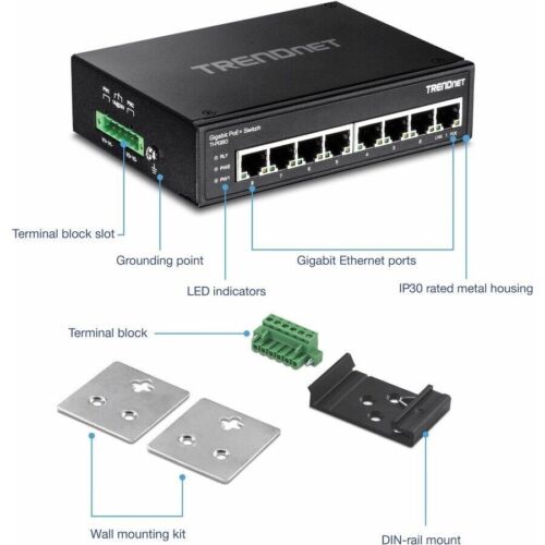 Conmutador de carril DIN TRENDnet TI-PG80 8 puertos industrial endurecido Gigabit PoE+ IP30 - Imagen 3 de 5