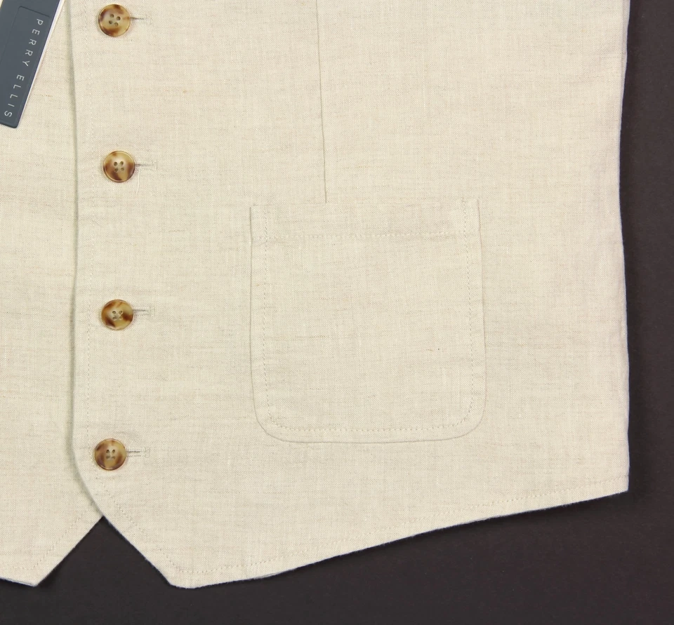 Men's PERRY ELLIS Khaki Natural / Light Tan Linen Vest Small S NEW NWT Nice! - Image 3 of 4